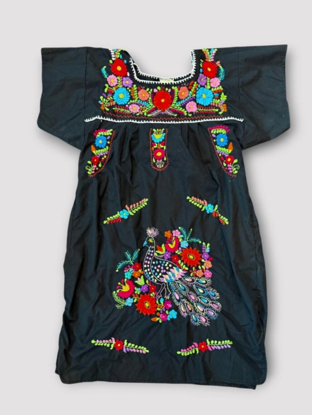 Huitzilli Mexican Dress Puebla Hand Embroidered with a Peacock and Flowers